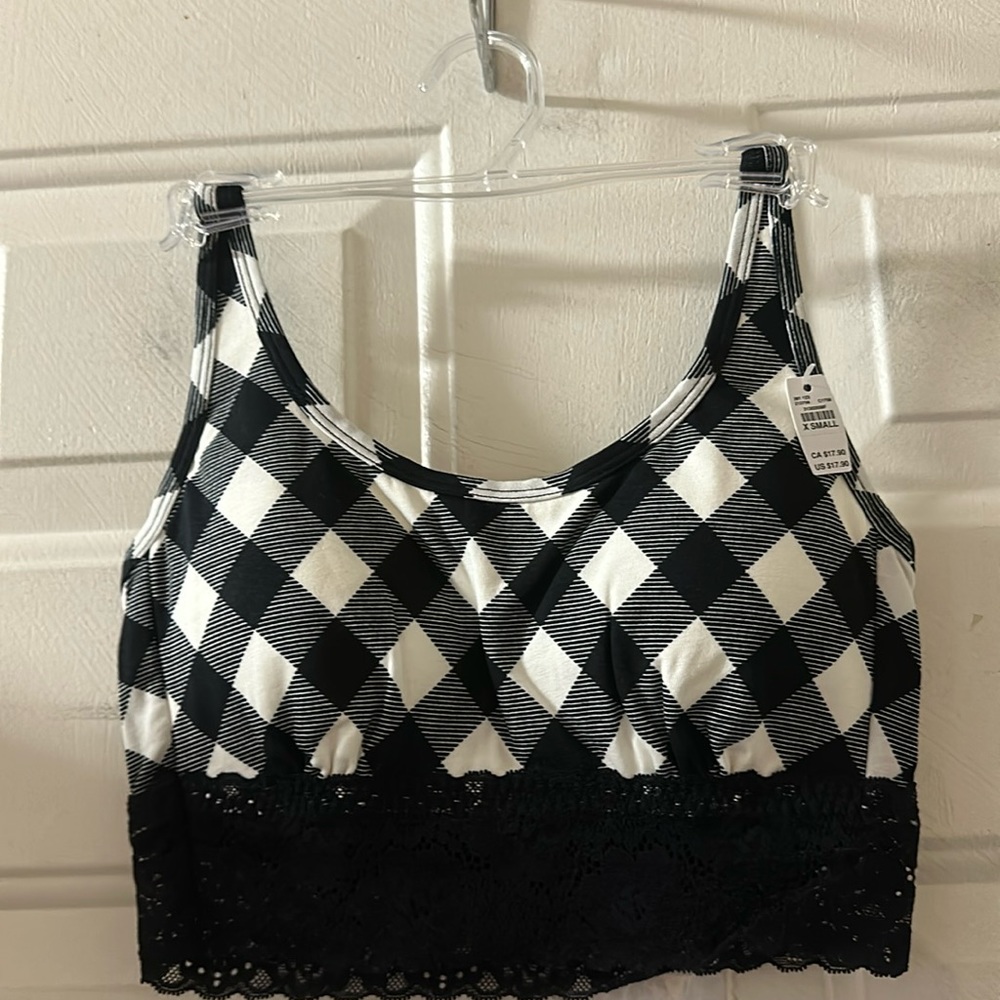 MAURICES CHECKERED LACE TRIME Bralette: BLACK/WHITE:NEW WITH TAGS: SZ XS